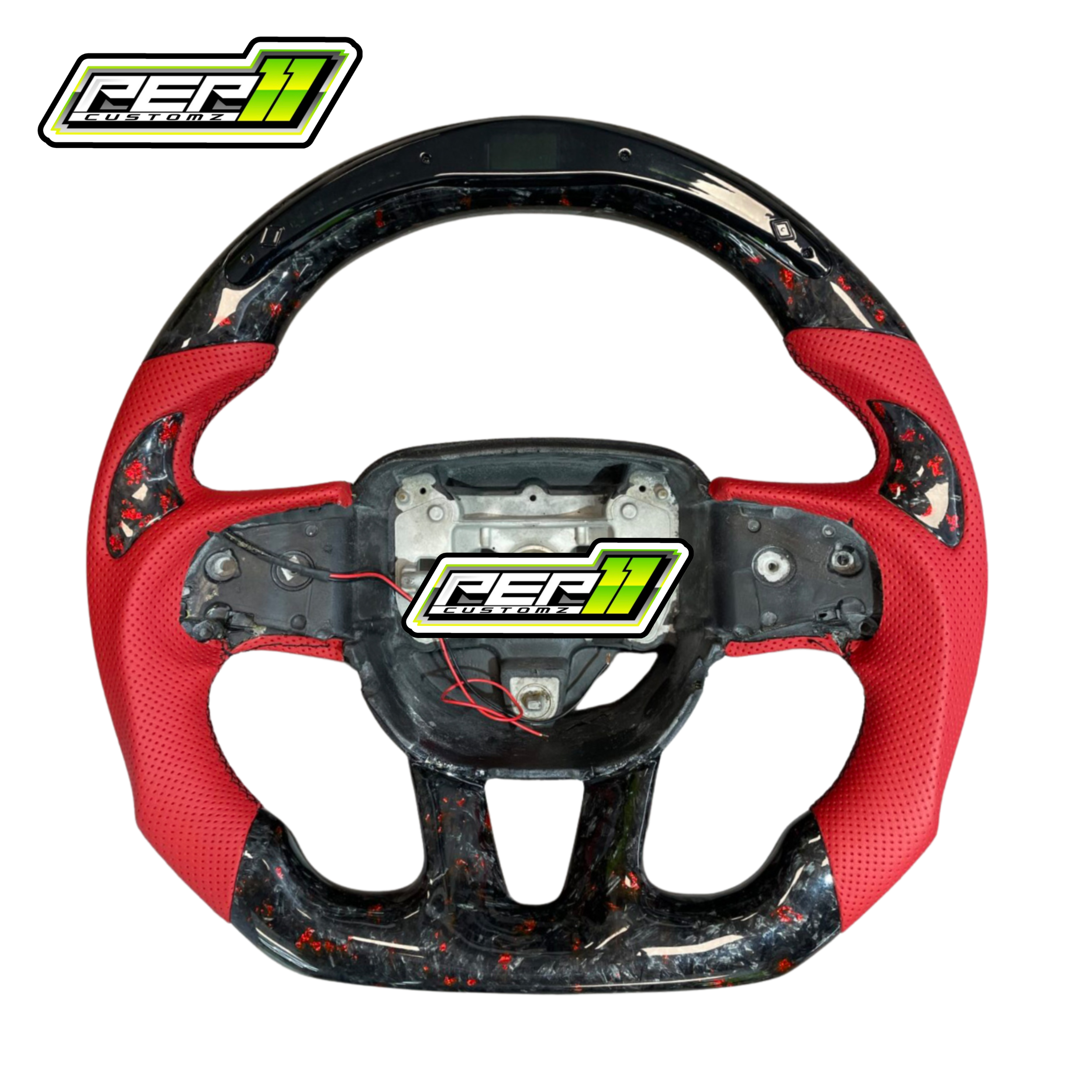 Dodge 2015+ LED Forged Carbon Fiber with Red Flakes and Red Leather Steering Wheel