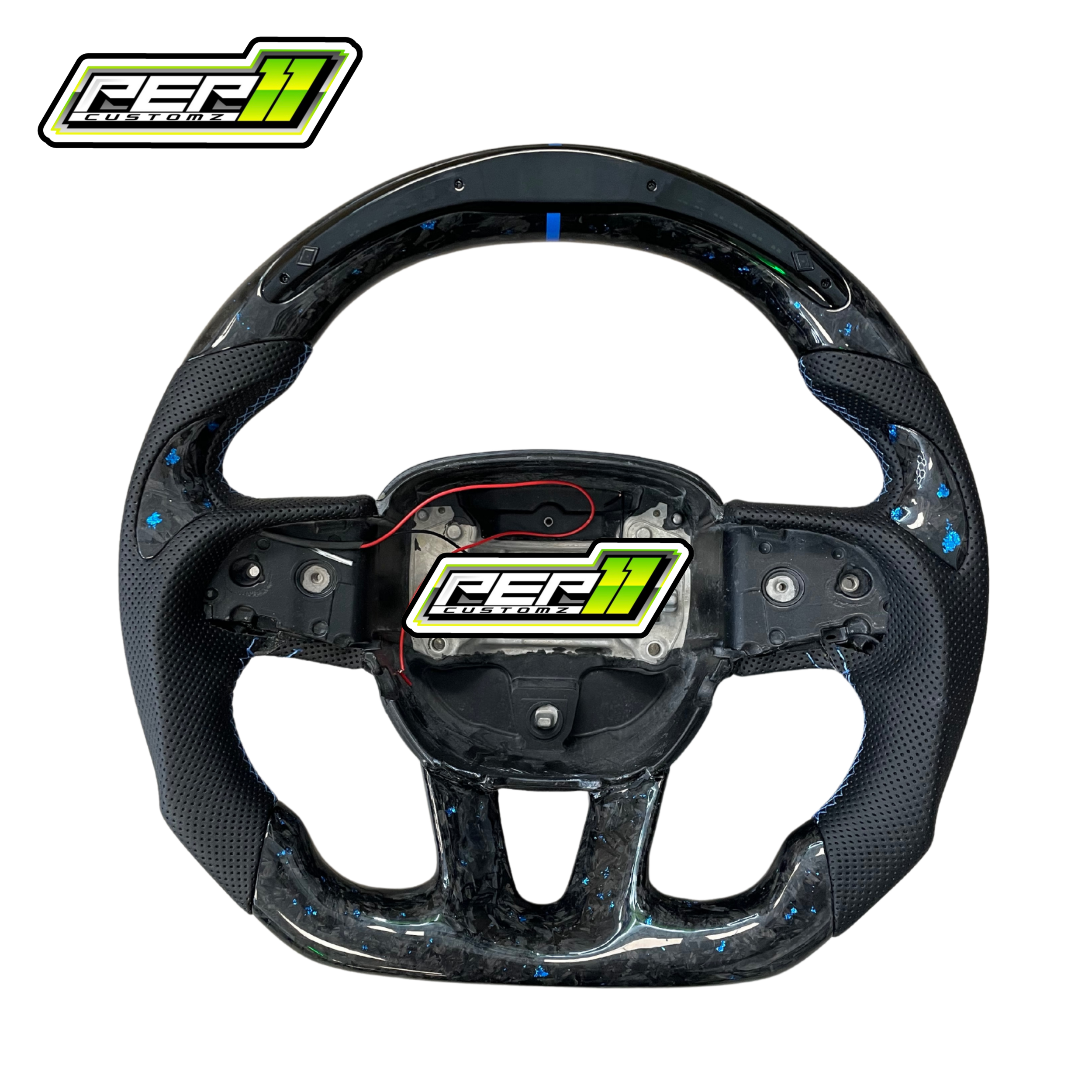 Dodge 2015+ LED Forged Carbon Fiber Blue Flakes and Stripe with Black Leather Steering Wheel