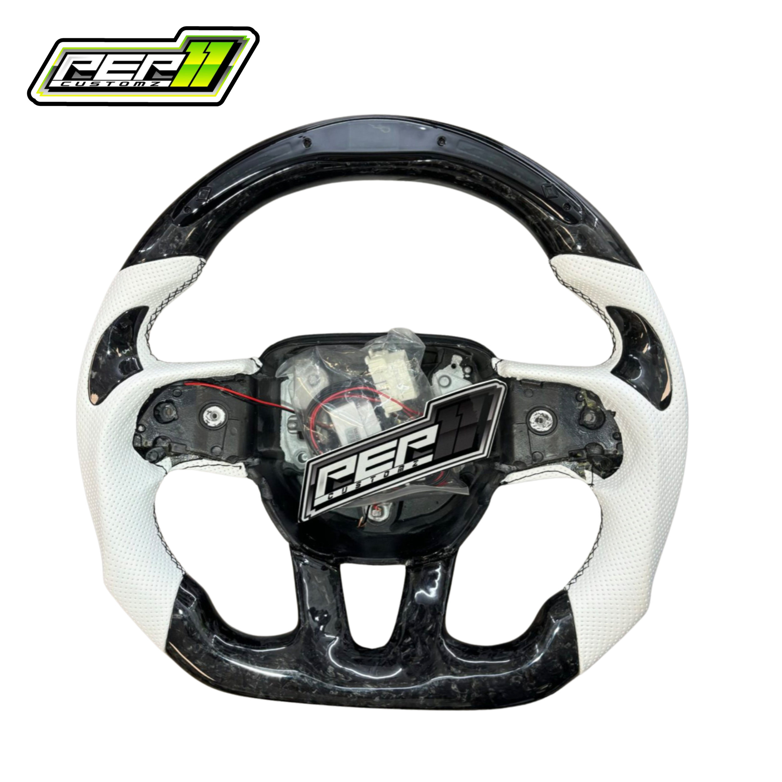 Dodge 2015+ LED Forged Carbon Fiber White Leather with Black Stitch Steering Wheel