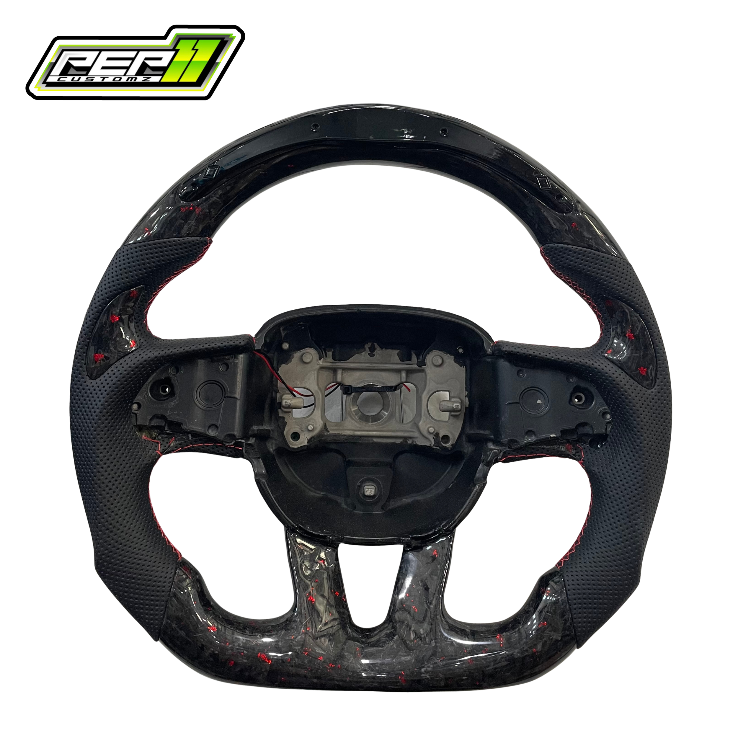 Dodge 2015+ LED Forged Carbon Fiber Red Flakes and Stitch and Black Leather Steering Wheel