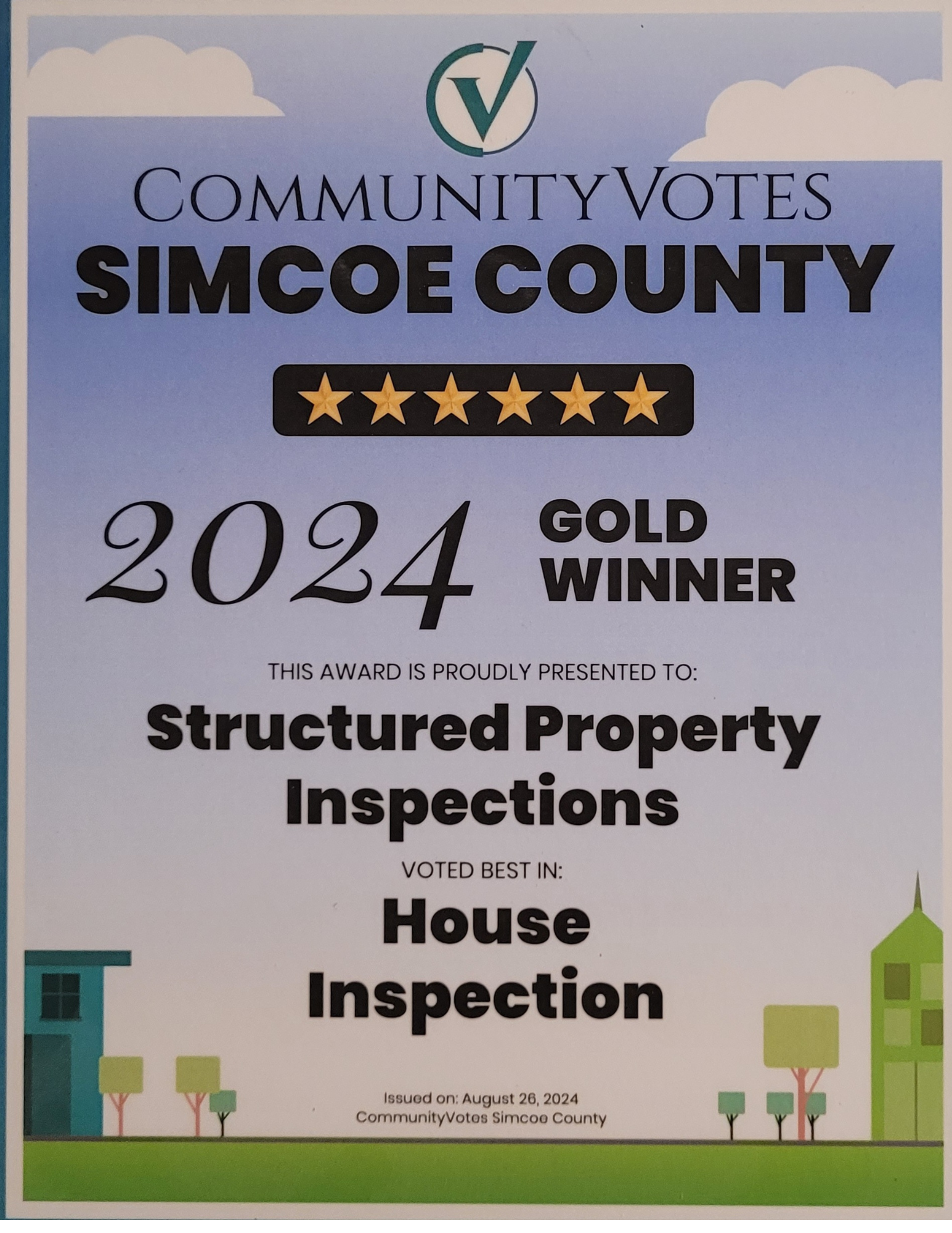 2024 Gold Community Votes Award for top-rated property inspections in Simcoe County.