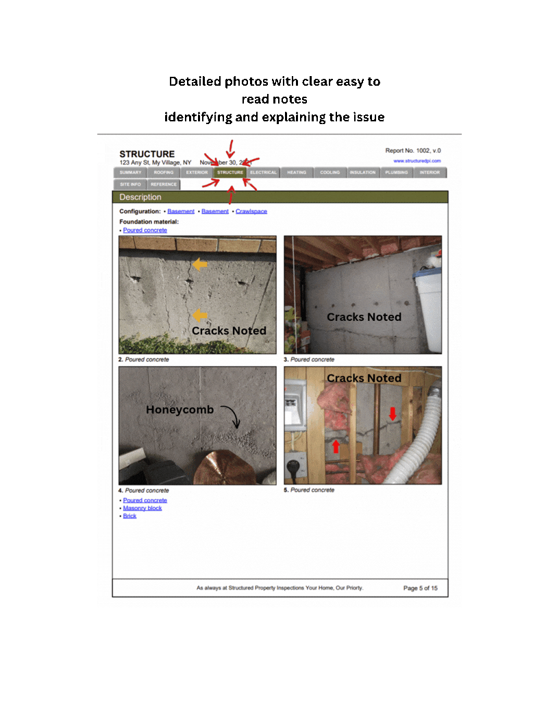 Annotated home inspection report photos by Horizon Carson Dunlop, featuring edited defect images with red arrows, professional field illustrations, and educational diagrams explaining residential building systems and safety issues.