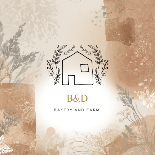 Logo of a bakery and farm featuring a simple house illustration surrounded by leaves, with the text "B&D Bakery and Farm" beneath.