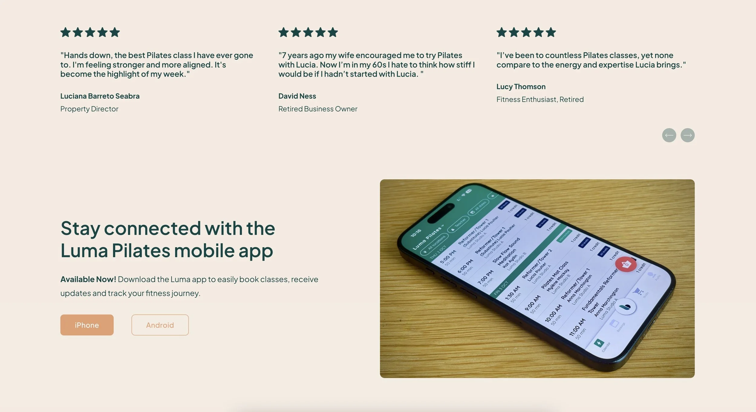 Luma Pilates website screenshot