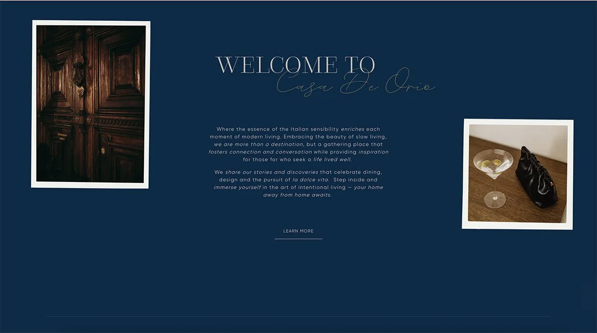 Elegant webpage for "Casa De Onie" with text, a cocktail glass, purse, and a wooden door image