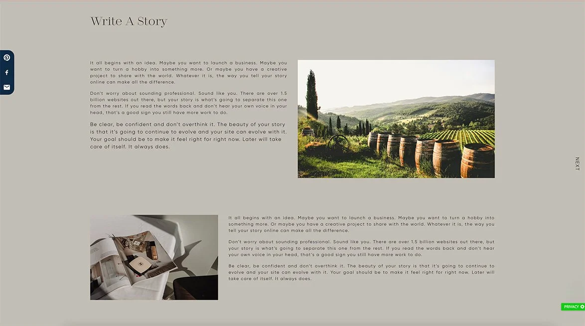 A website page with text about storytelling, social icons on the left, and a scenic vineyard image on the right