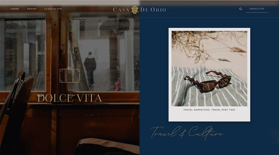 Website layout with two images: left shows a tram interior, right depicts sunglasses on a striped towel