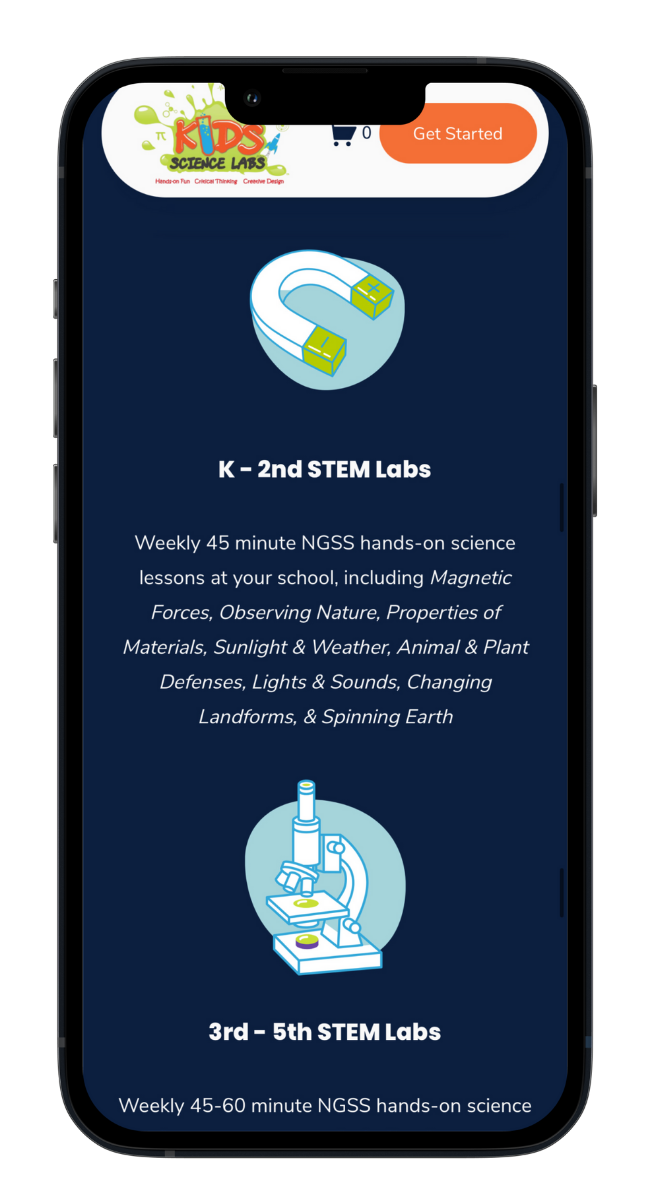Kids Science Labs website design mobile optimization