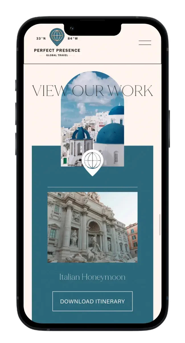 Phone mockup of Perfect Presence mobile website design