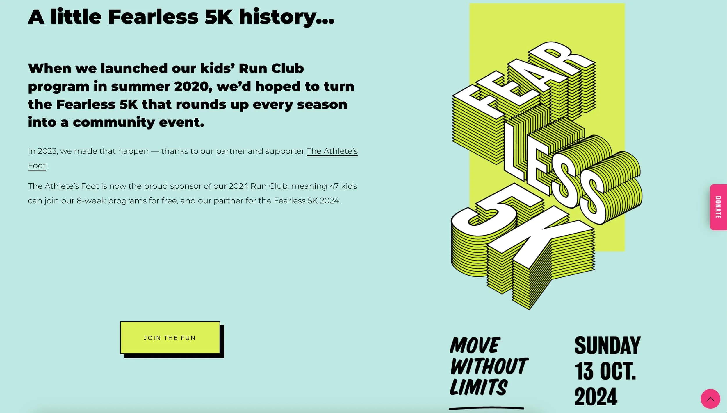 Web page featuring the text "Fear Less 5K History," showcasing a modern design and vibrant colors