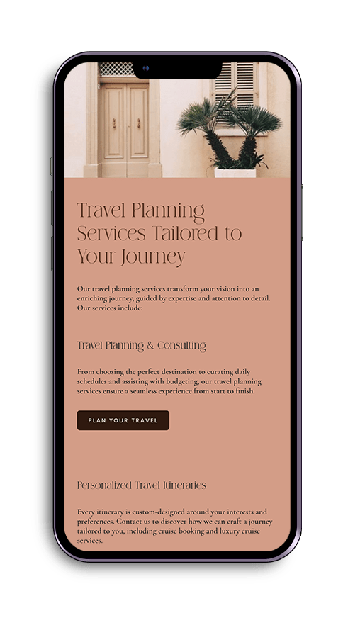 Phone mockup of Qualia Travel mobile website design