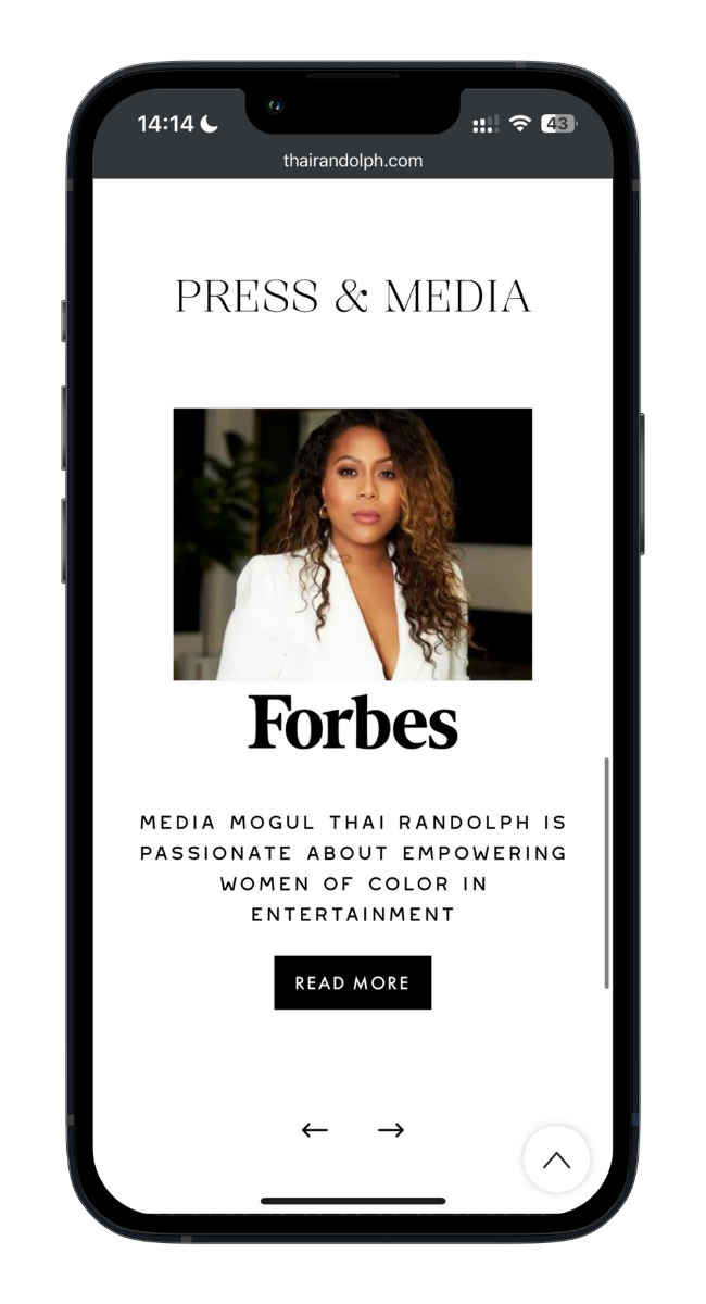 Phone mockup of Thai Randolph mobile website design