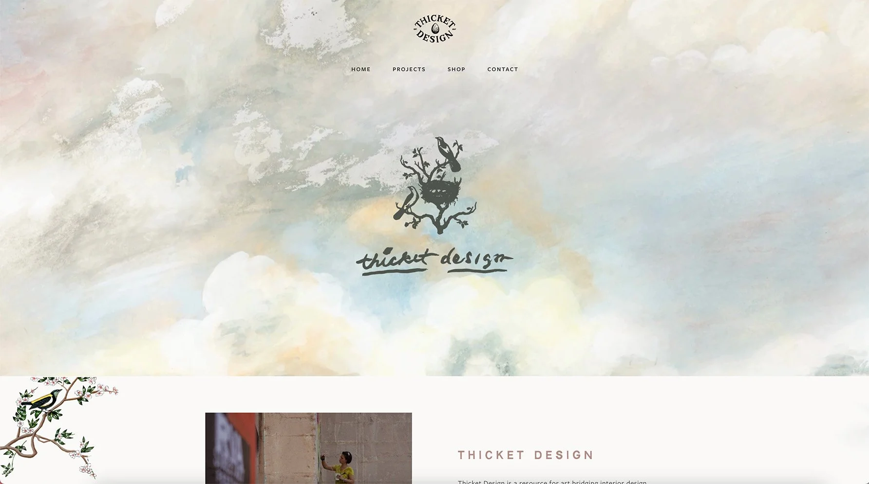 Artistic website header with a watercolor background featuring the logo and navigation for Thicket Design