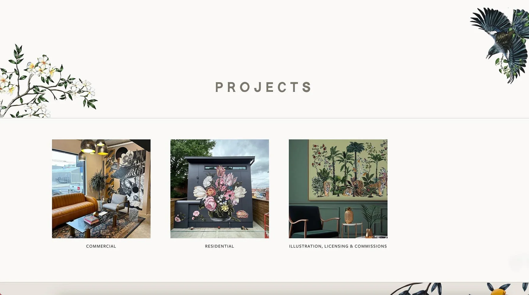 A website banner with "PROJECTS" and images of commercial, residential, and art illustrations below
