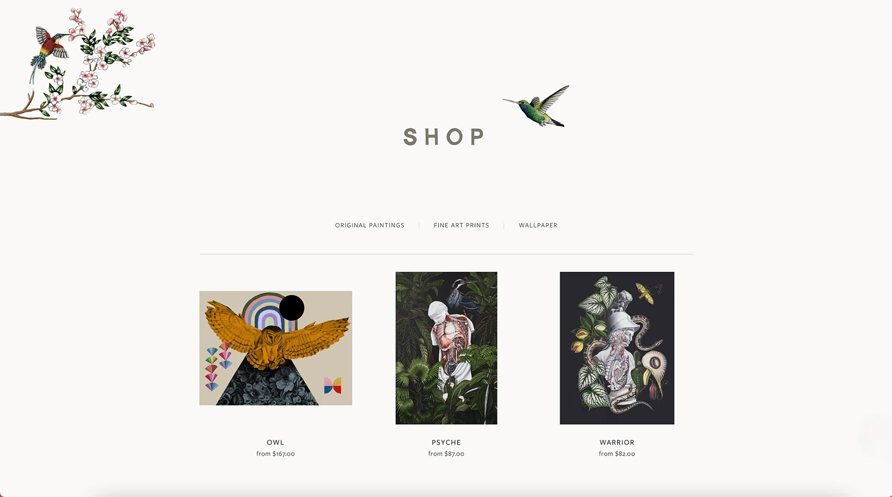 Online art shop webpage showcasing three types of illustrations: Owl, Psyche, and Warrior, with pricing information