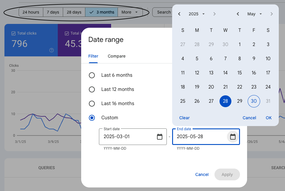 GSC dashboard and time period setting