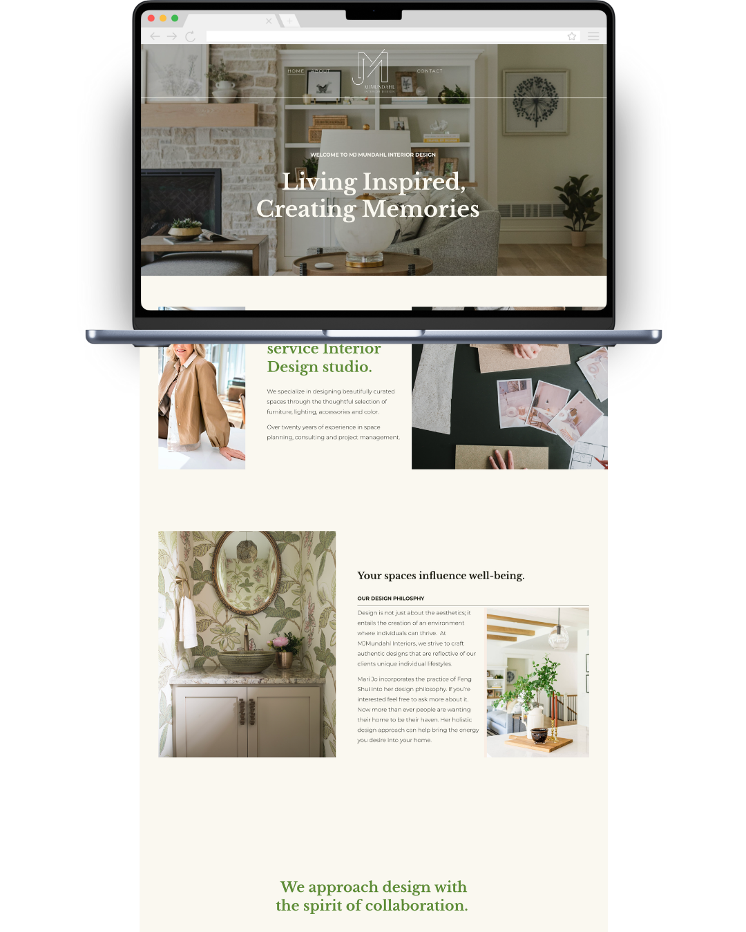 Laptop displaying an interior design website with images of decorated living spaces and text about interior design services.