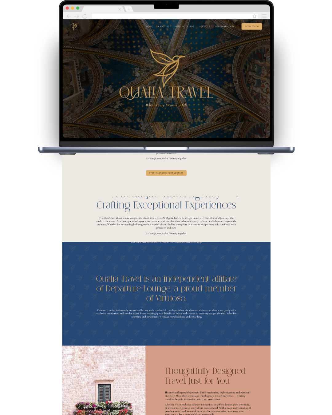 Homepage of Qualia Travel showing a luxury travel agency website with imagery of a decorated ceiling, elegant logo with bird icon, and sections describing bespoke travel experiences and company affiliations.