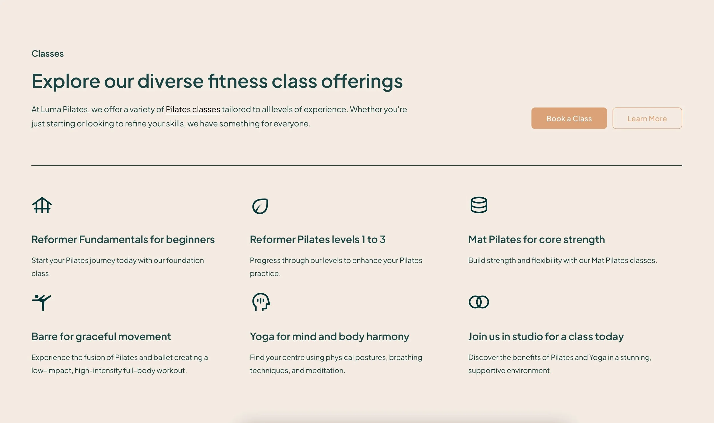 Luma Pilates website screenshot