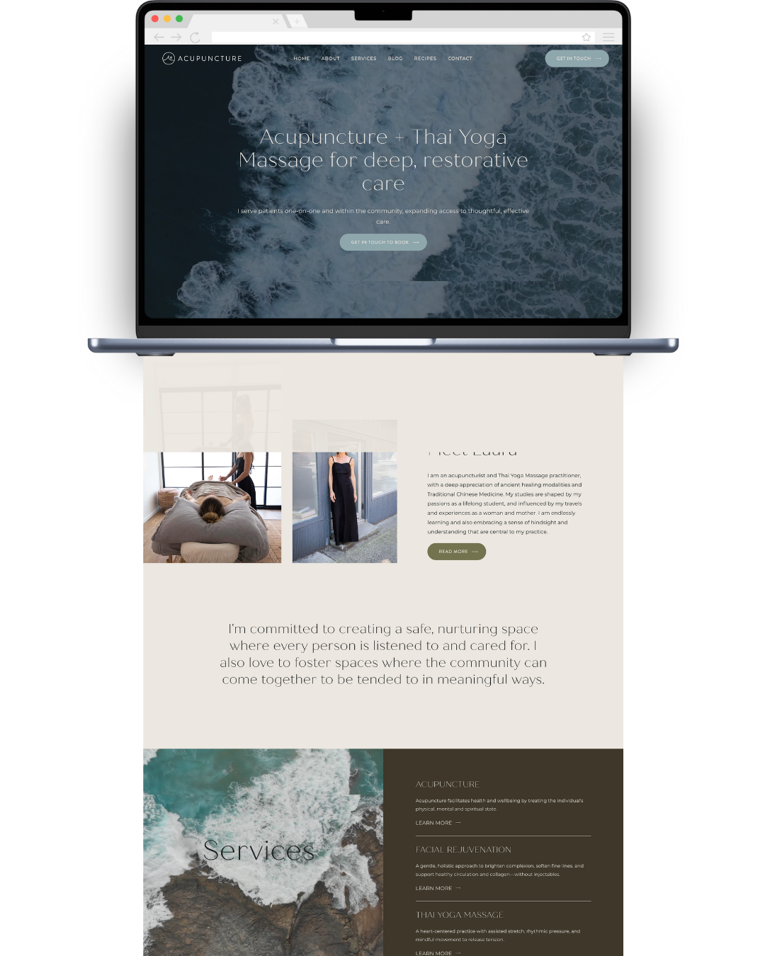 A laptop screen displaying a website for an acupuncturist and Thai yoga massage therapist. The page features a deep blue ocean wave background with text about wellness services, along with images of massage and yoga poses.