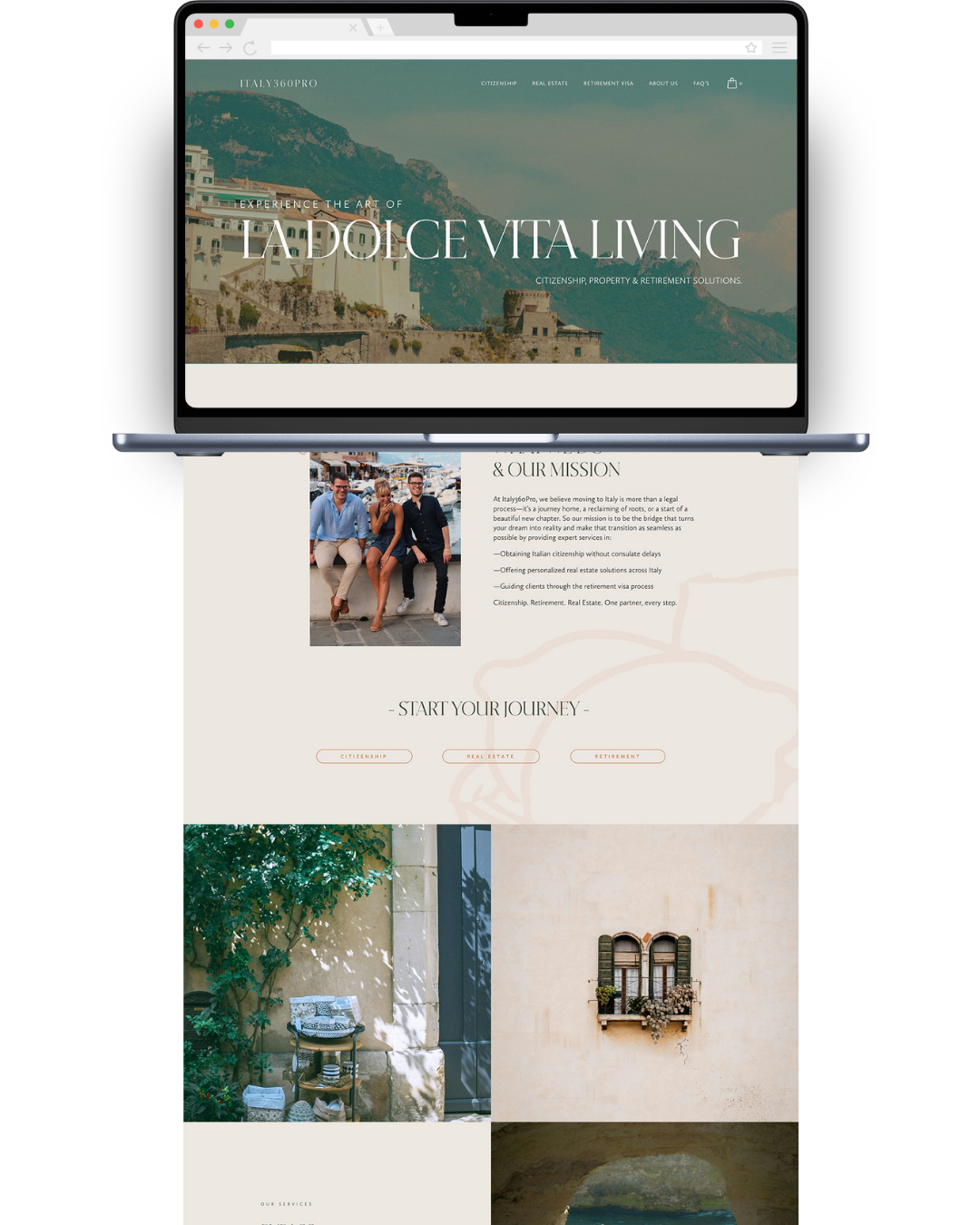 Screenshot of a website for Italy360Pro showcasing real estate and retirement solutions in Italy with images of Italian scenery, people, and spaces.