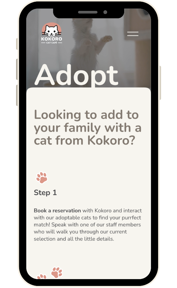 Kokoro Cat Café website mobile view