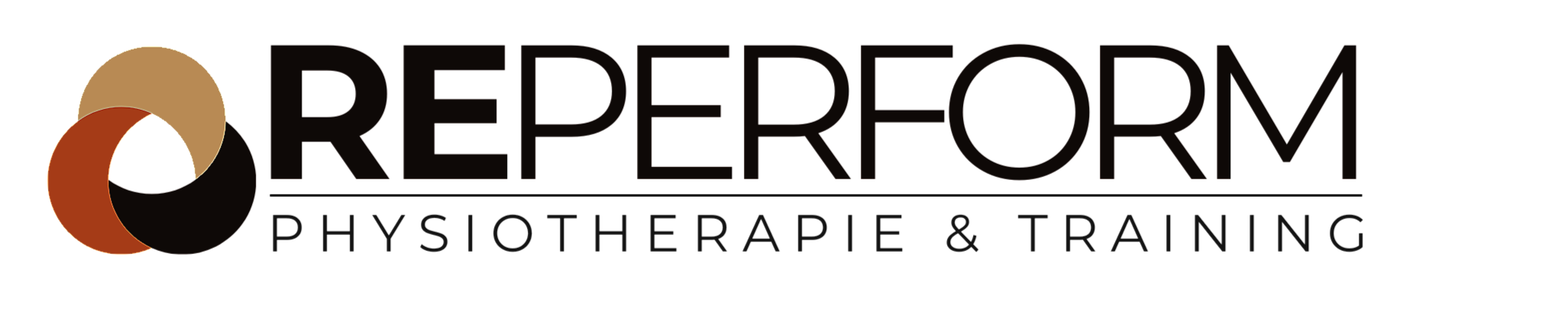 Logo von Reperform Physiotherapie & Training mit drei überlappenden Kreisen in Braun, Beige und Schwarz, und der Schriftzug 'REPERFORM' mit Untertitel 'PHYSIOTHERAPIE & TRAINING'.