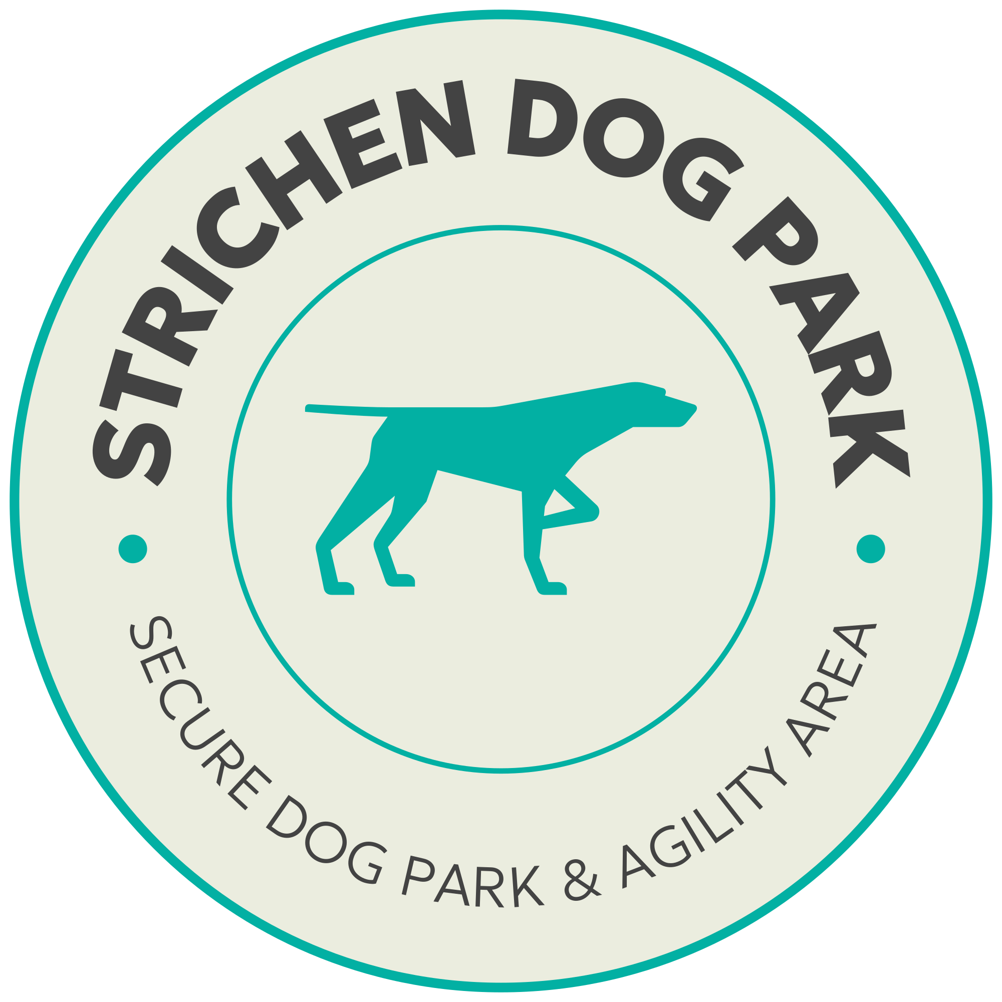 Logo for Strichen Dog Park, featuring a blue silhouette of a dog and the text "Strichen Dog Park" and "Secure Dog Park & Agility Area" around the dog icon.