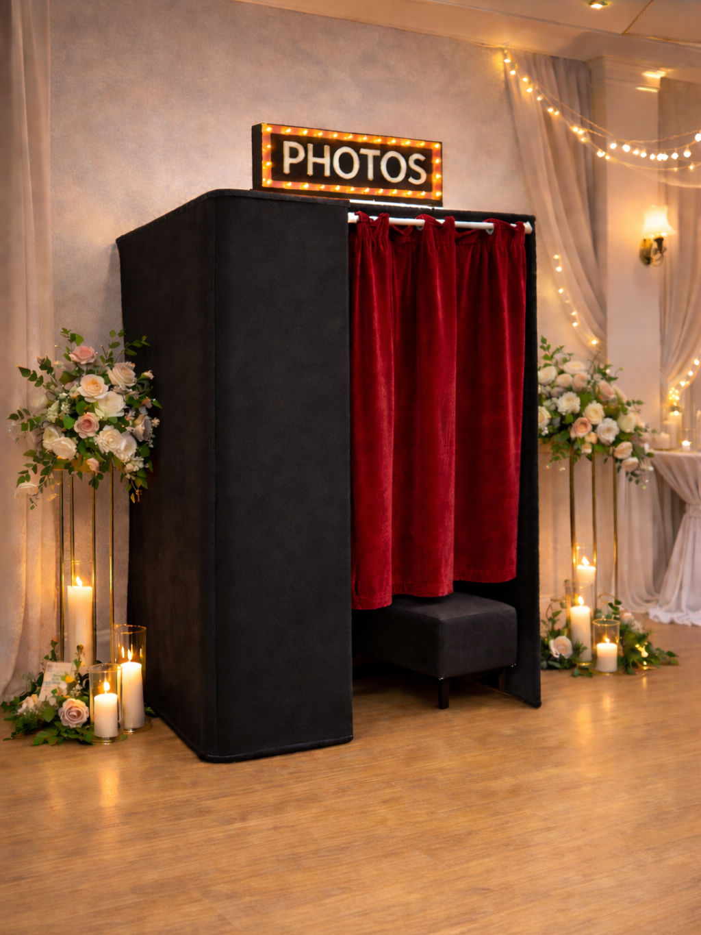 Vintage-style photo booth with velvet curtain in Seattle