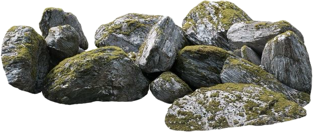 Collection of large moss-covered rocks and stones.