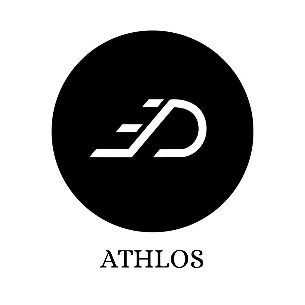 Black circular logo with a white stylized letter D and two horizontal lines indicating speed, with the word ATHLOS written below.