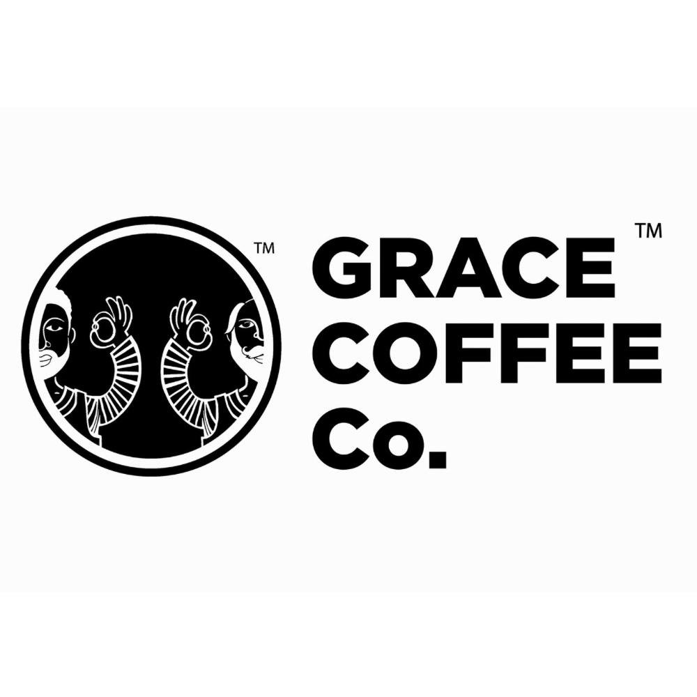 Black and white logo for Grace Coffee Co. featuring a circular design with three stylized faces wearing headphones and the company name in bold text