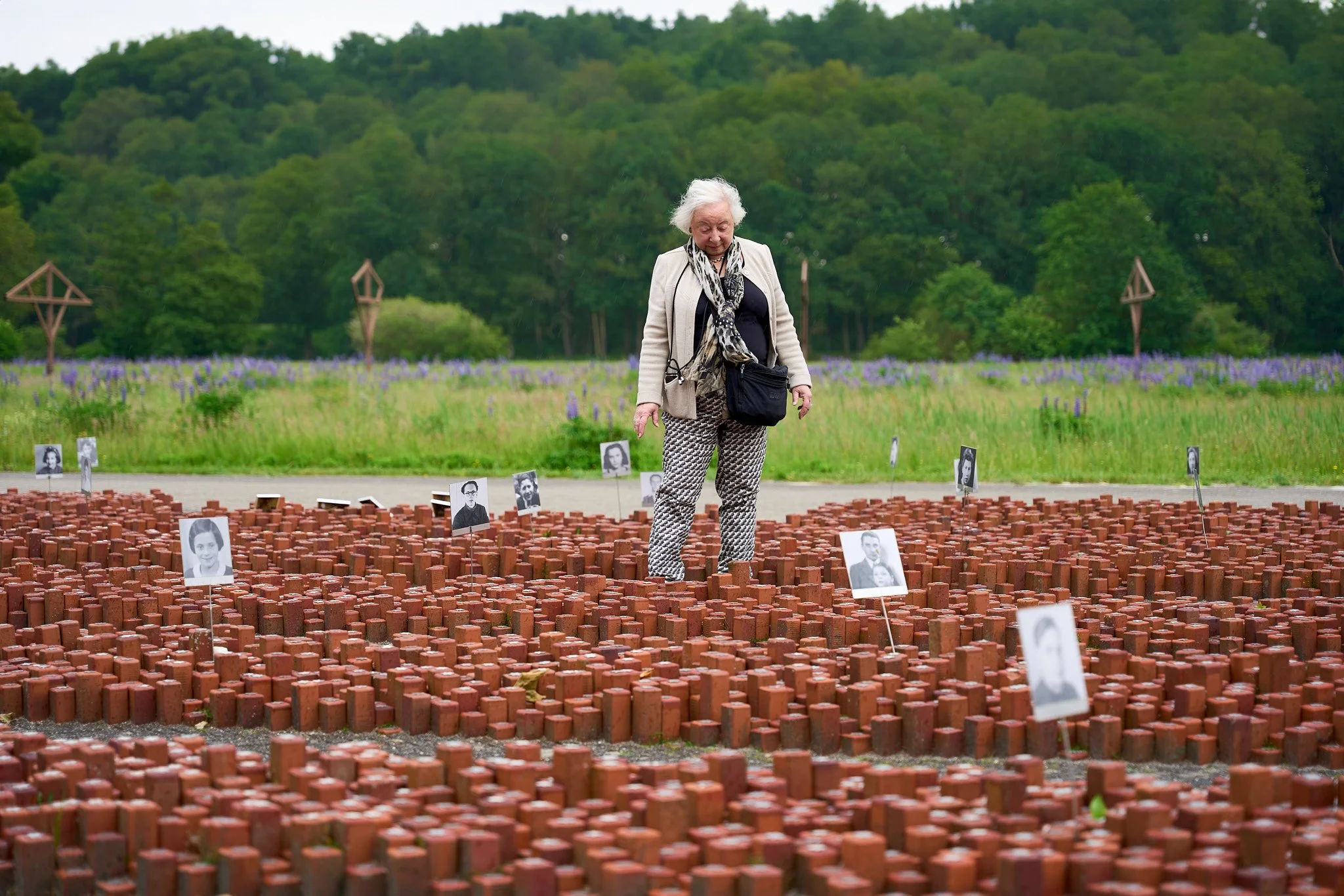 An elderly woman with white hair, wearing a beige jacket, patterned pants, and a black and white scarf, stands in the middle of a grassy area with brick sculptures and black-and-white family photographs on sticks. The background features green trees 