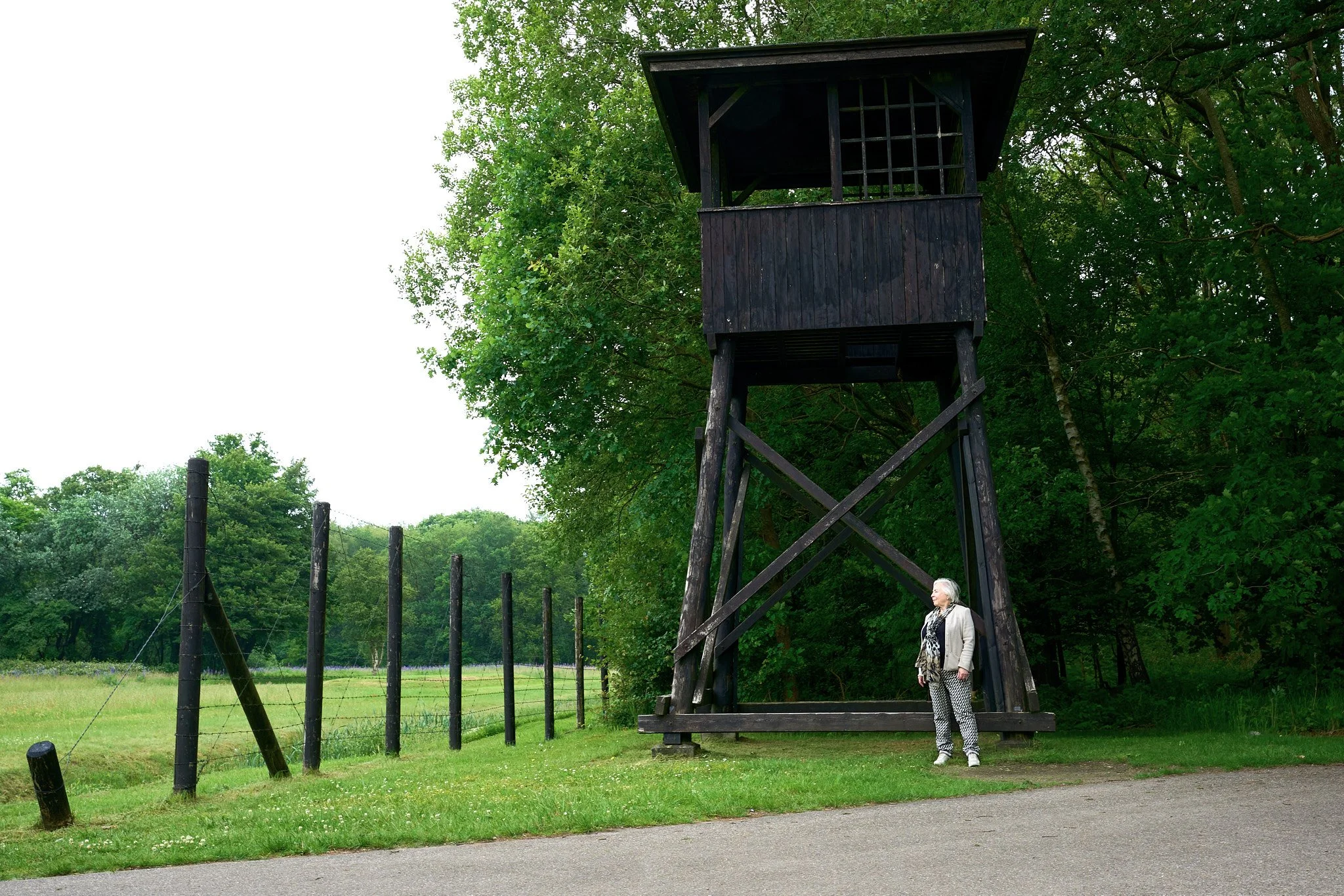 A woman standing near a tall, dark wooden watchtower in a park or countryside, with lush green trees and a black wooden fence in the background.