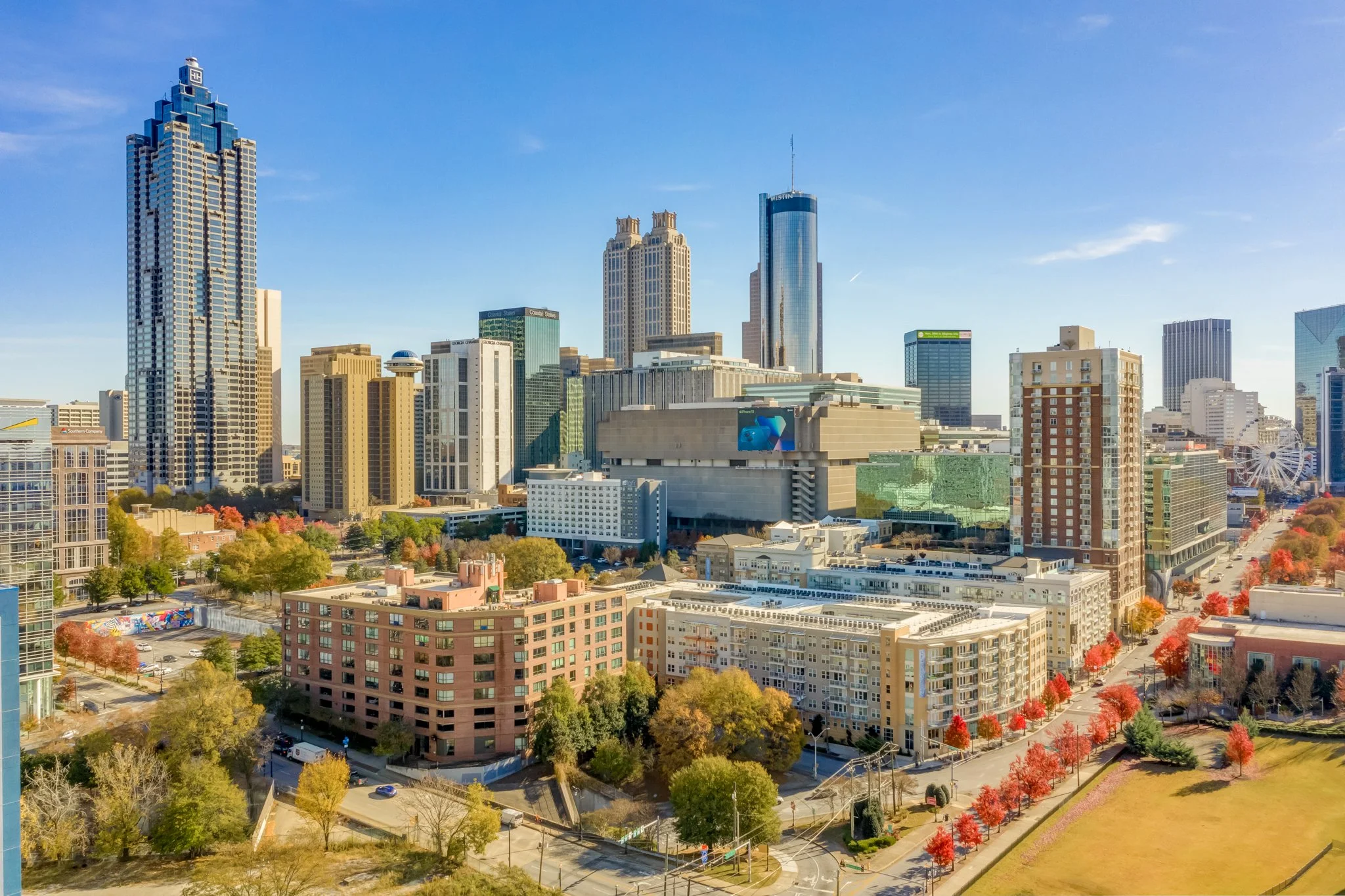 A city skyline with tall modern skyscrapers, some with glass exteriors, and colorful trees lining the streets below, under a clear blue sky.