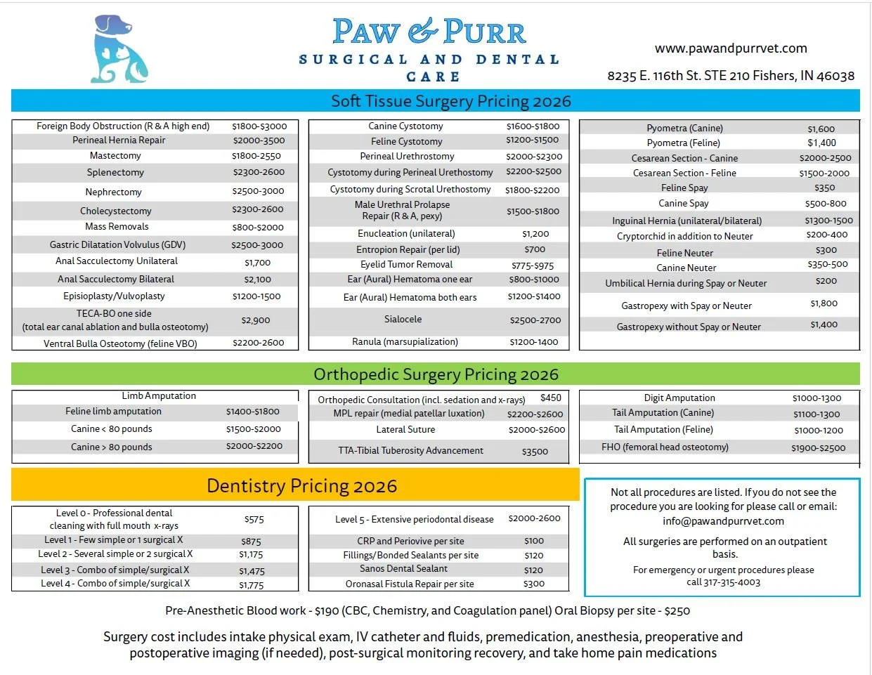 Pricing list for surgical, dental, orthopedic, and dentistry services at Paw & Purr Veterinary Clinic, including various procedures and costs for pets.