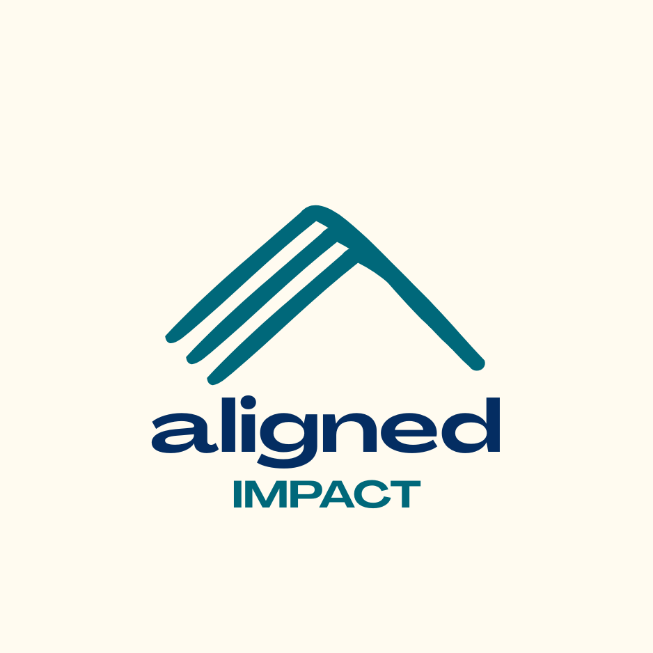 Aligned Impact logo, three teal lined mountain peaks above lowercase "aligned" in navy blue and "impact" in all caps in teal on a cream background