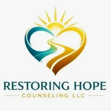 Logo featuring a heart-shaped design with a sun and a pathway inside, above the text 'Restoring Hope Counseling LLC'.