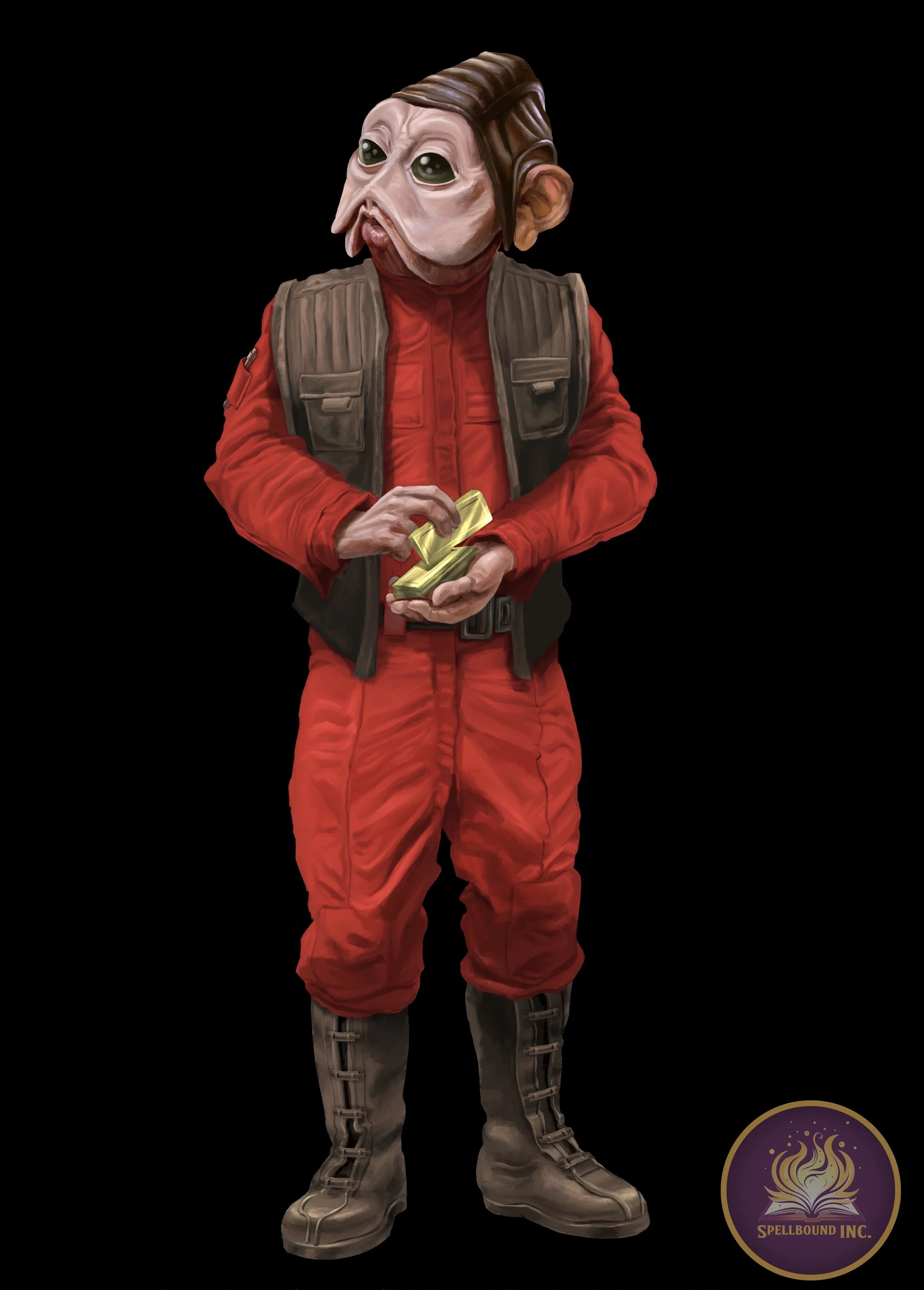 An alien-like humanoid wearing a red jumpsuit, gray tactical vest, and tall gray boots, holding gold bars. There is a logo in the bottom right corner with a flame and the words 'Spellbound Inc.'
