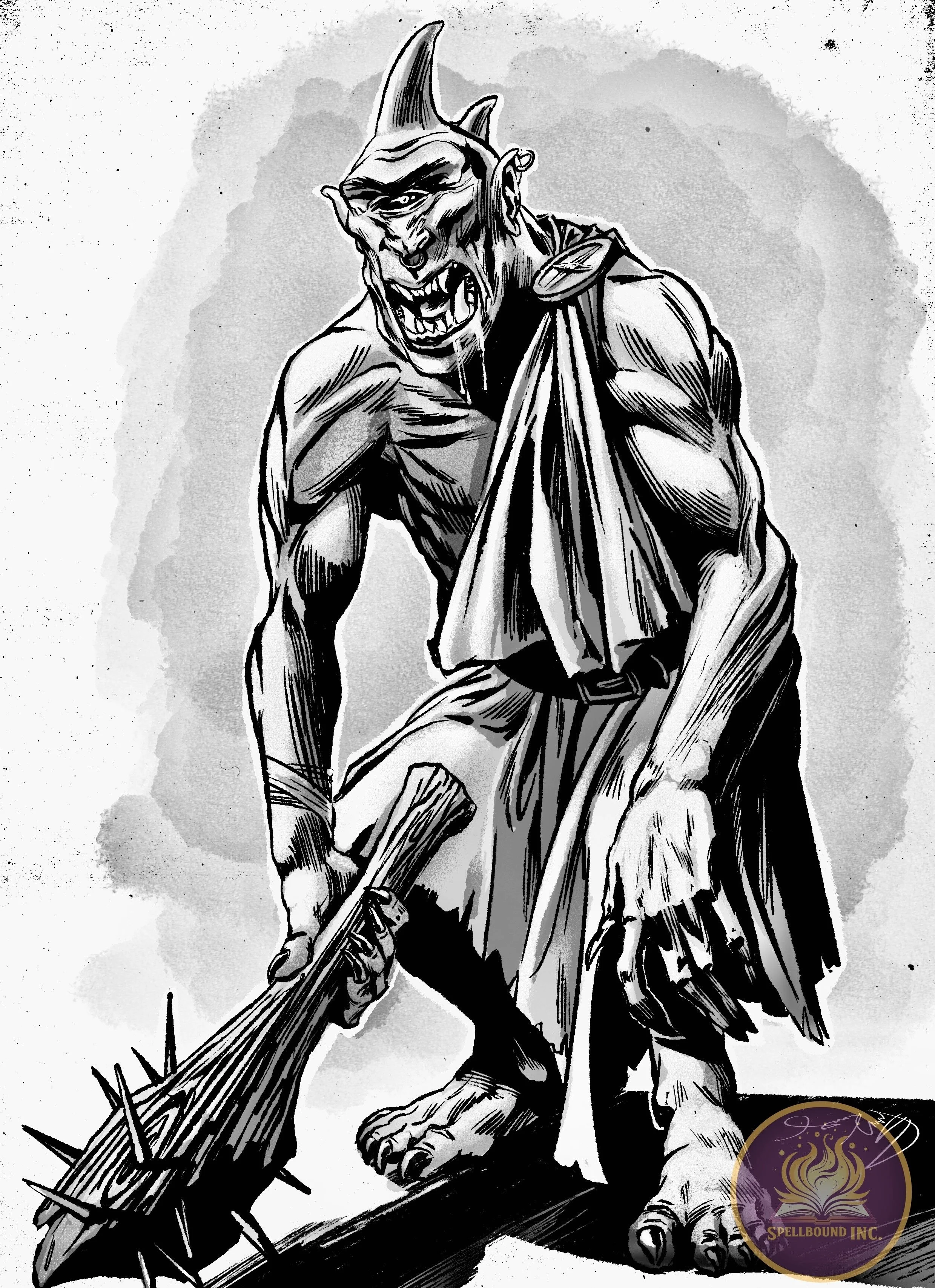A black-and-white drawing of a monstrous humanoid creature with a shark-like head and sharp teeth, holding a spiked club.
