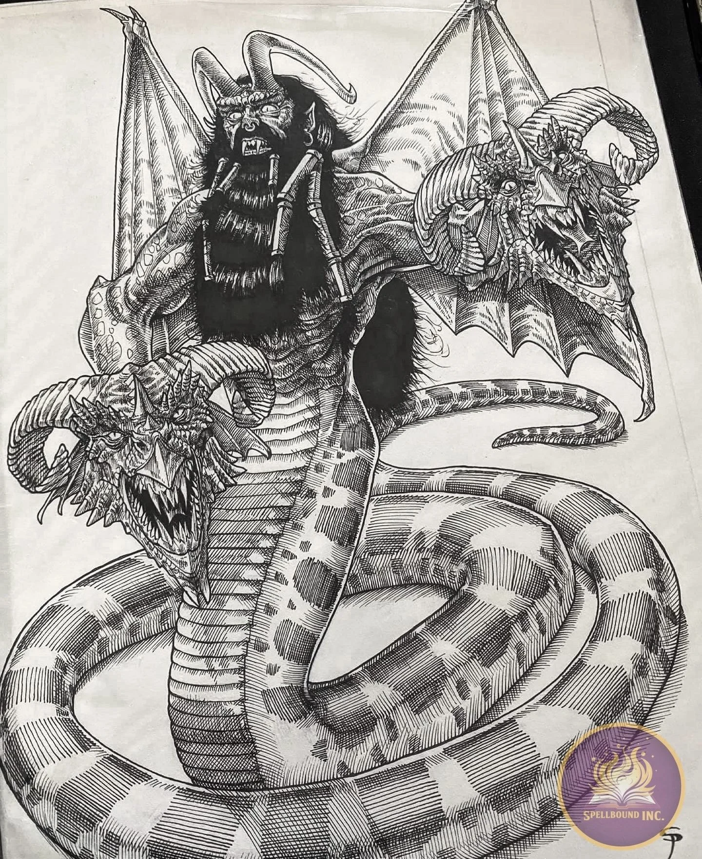 Black and white illustration of a mythical creature with the body of a snake, multiple dragon heads, and demon-like features, with detailed linework.