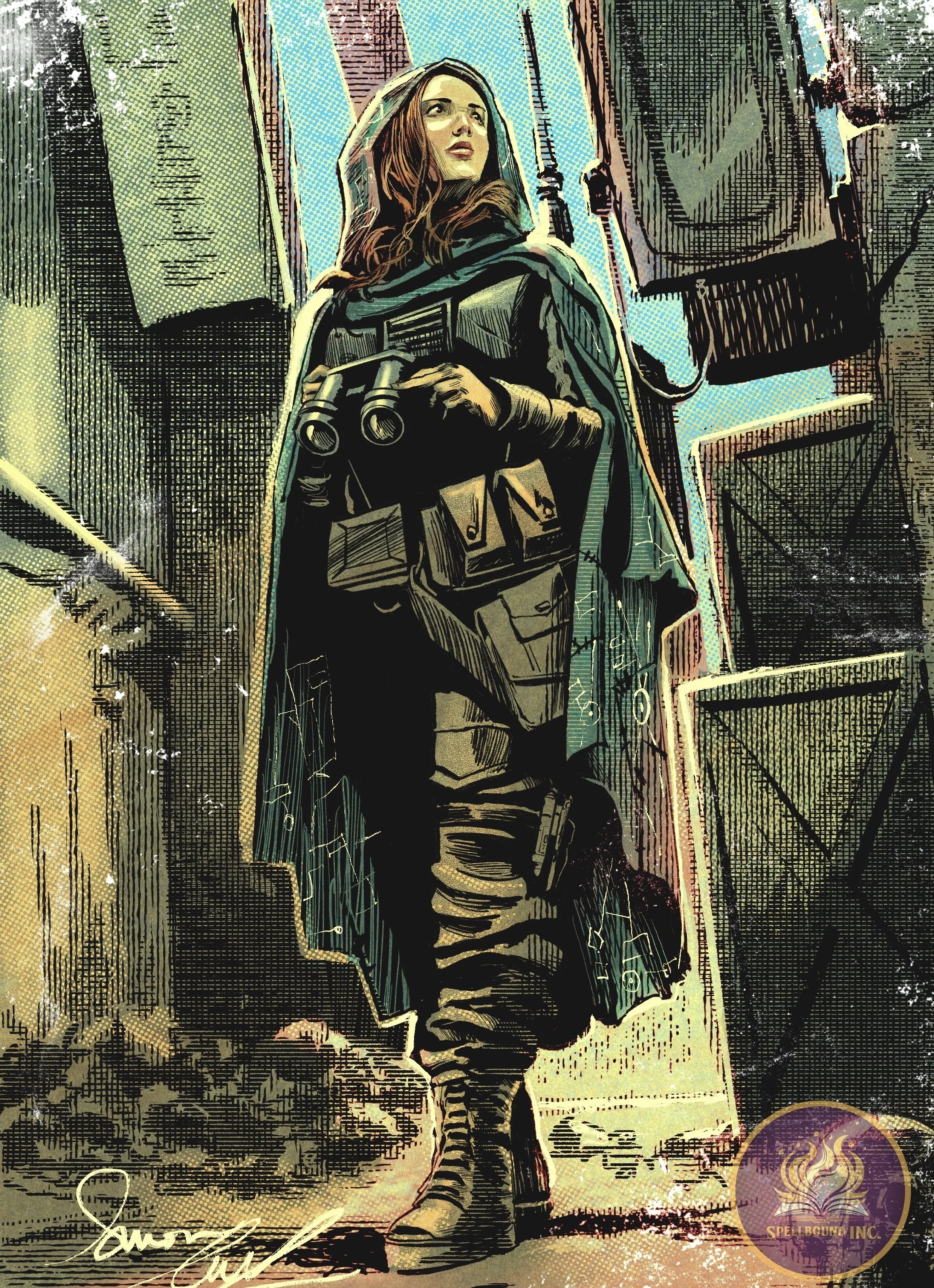 A woman dressed in military gear walking through an alleyway carrying binoculars and a bag, with buildings and debris around her.