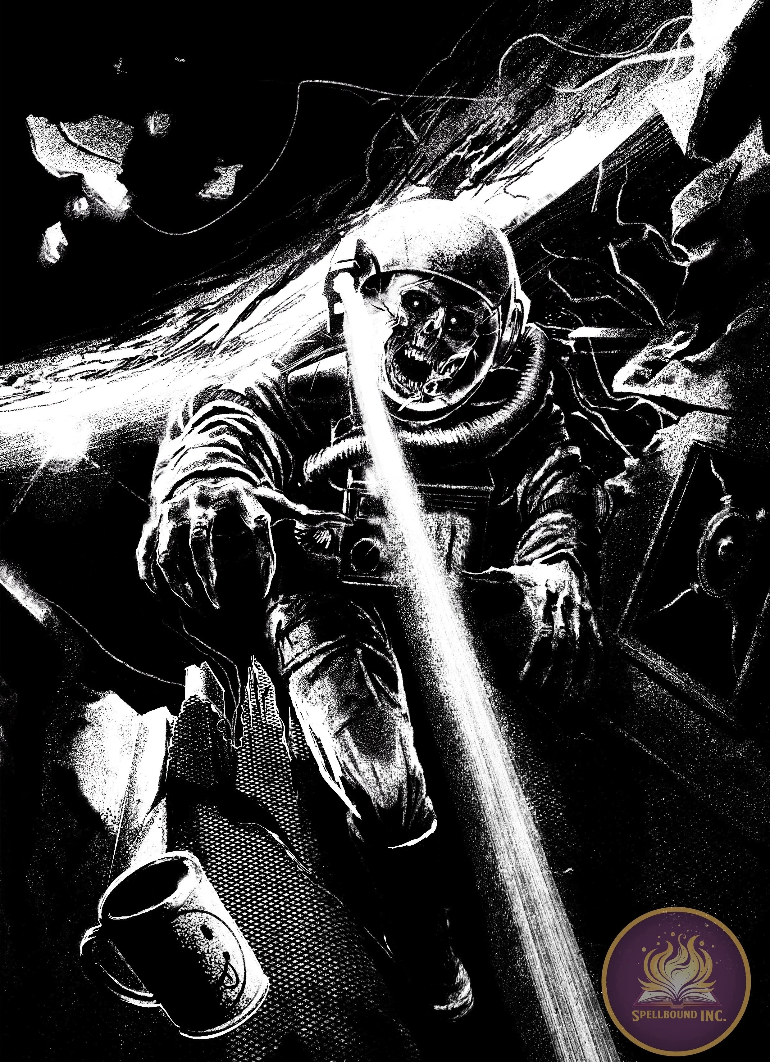 A black and white illustration of a zombie astronaut with a skeletal face and open mouth, holding a light beam. The astronaut is in a dark space filled with cosmic elements, with a coffee mug on the floor and speakers nearby. There is a logo with a f