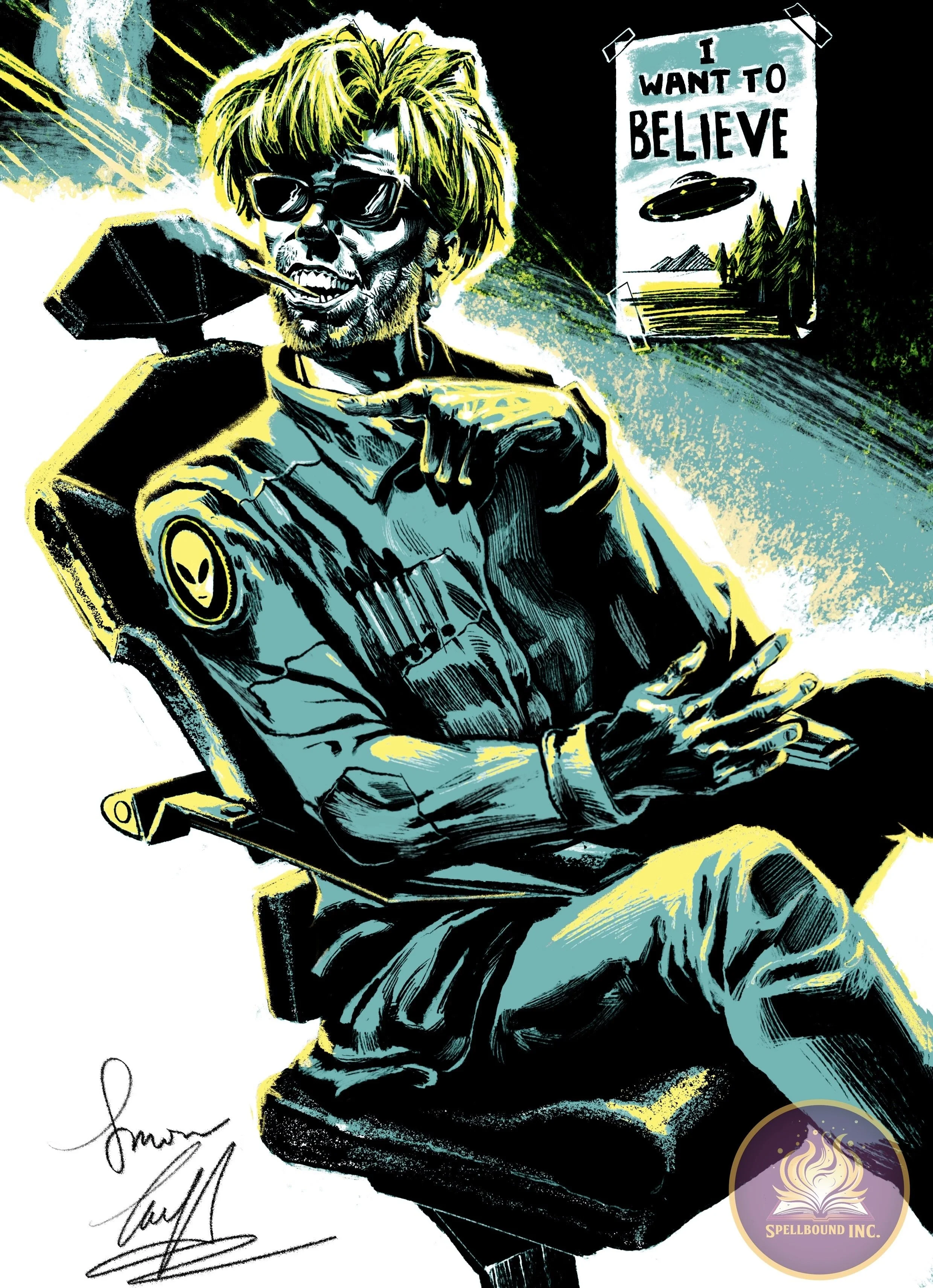 Stylized digital drawing of a man with sunglasses, a beard, and blonde hair, seated in a chair, with a lollipop in his mouth and a confident expression. In the background, a poster reads, "I WANT TO BELIEVE," featuring a flying saucer and a landscape