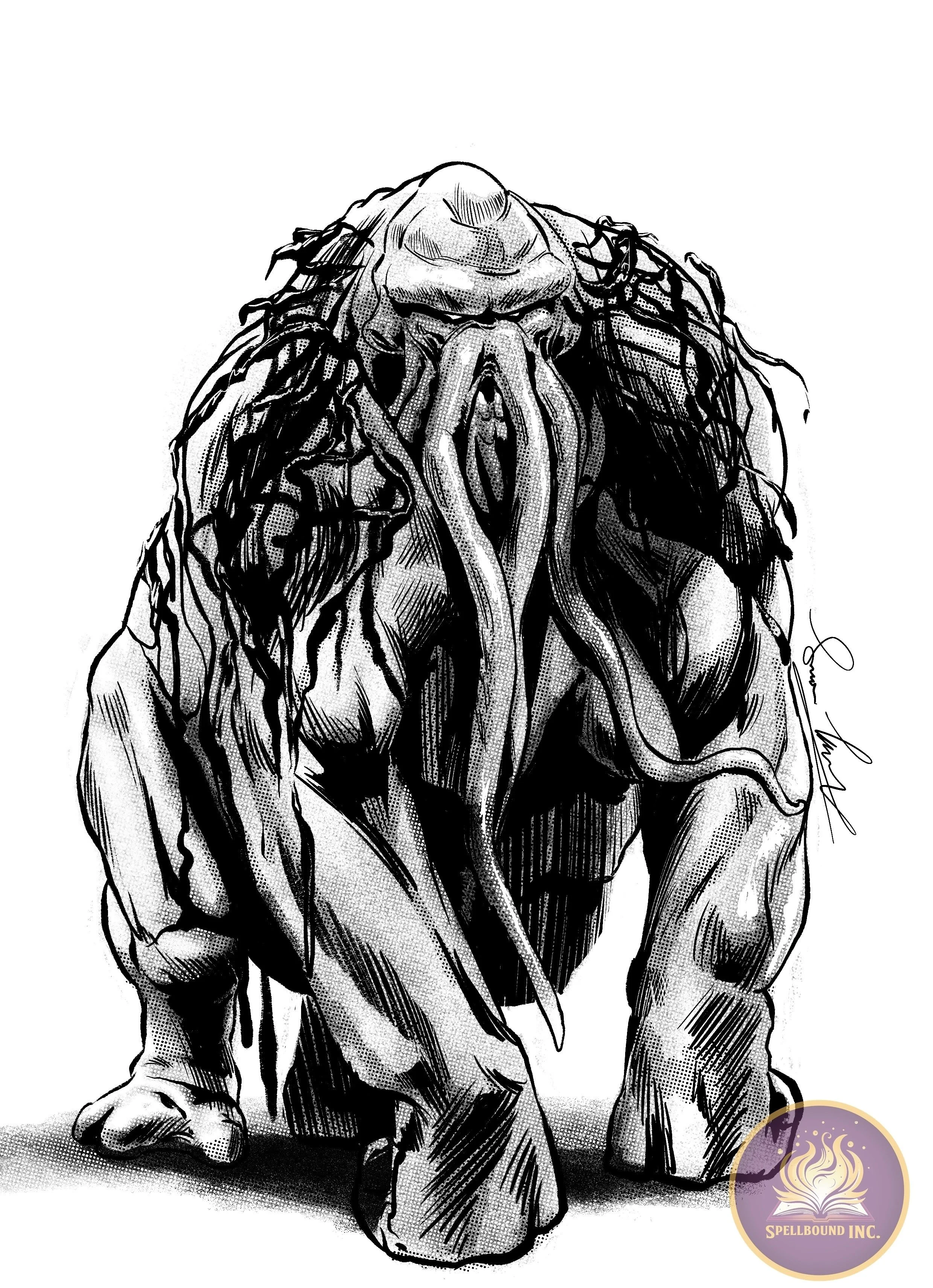 Black and white illustration of a grotesque, monstrous creature with a large head, tentacle-like appendages hanging from its face, and muscular limbs. The creature has a menacing appearance with detailed shading and line work.