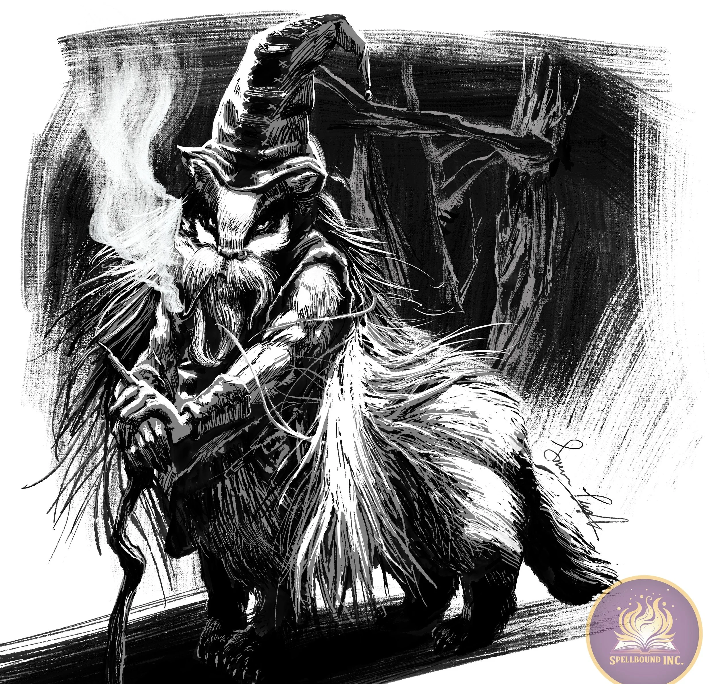 Black and white illustration of a strange gnome/badger hybrid called a gnadger, in front of a dark, spooky setting, with a small plume of smoke nearby.