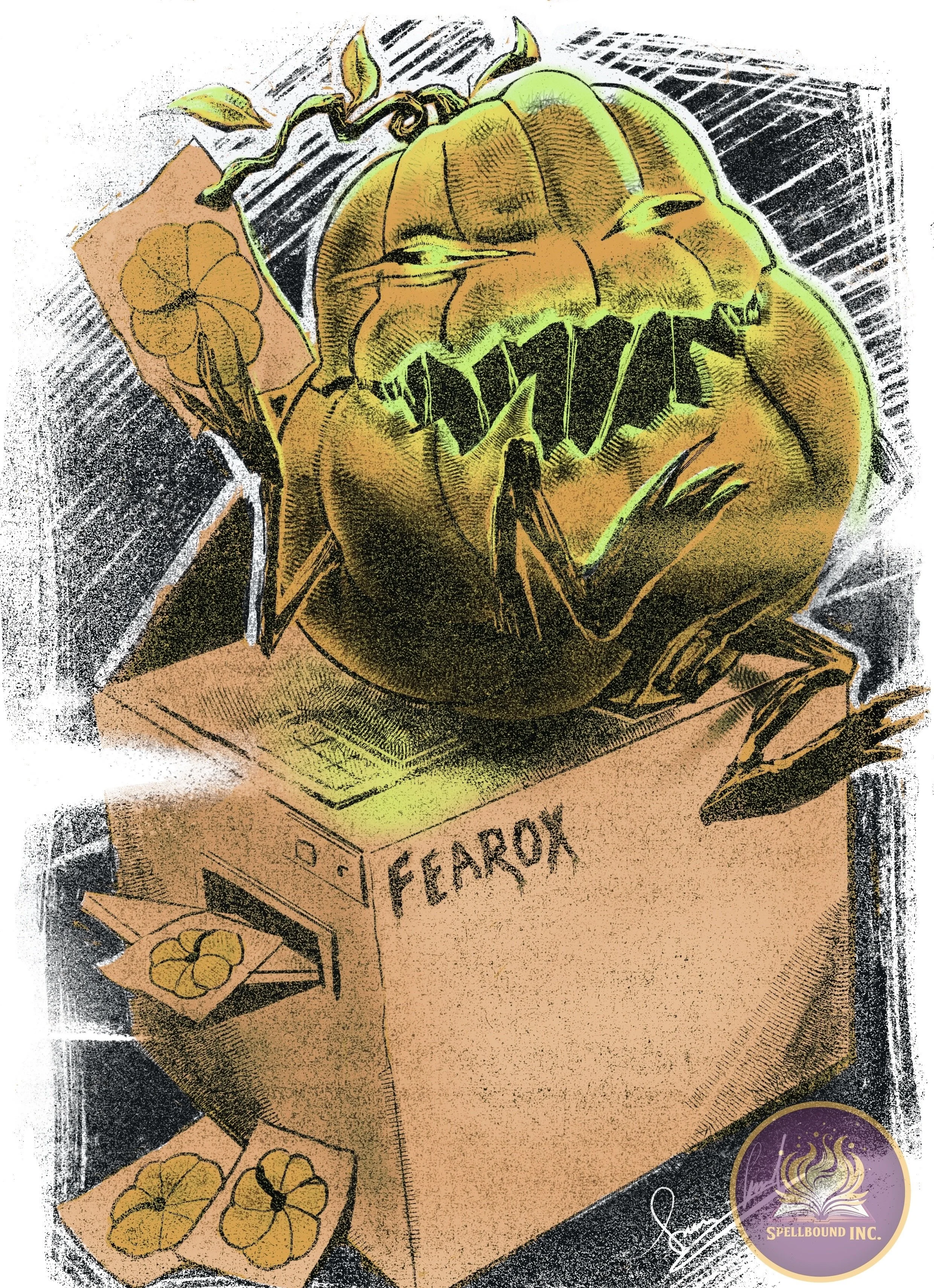 A scary carved pumpkin with sharp teeth and menacing eyes sitting on a table labeled 'FEAROX'. The pumpkin has a vine on top and is surrounded by props with pumpkin designs, with a small box or device underneath the pumpkin. The overall scene has a d