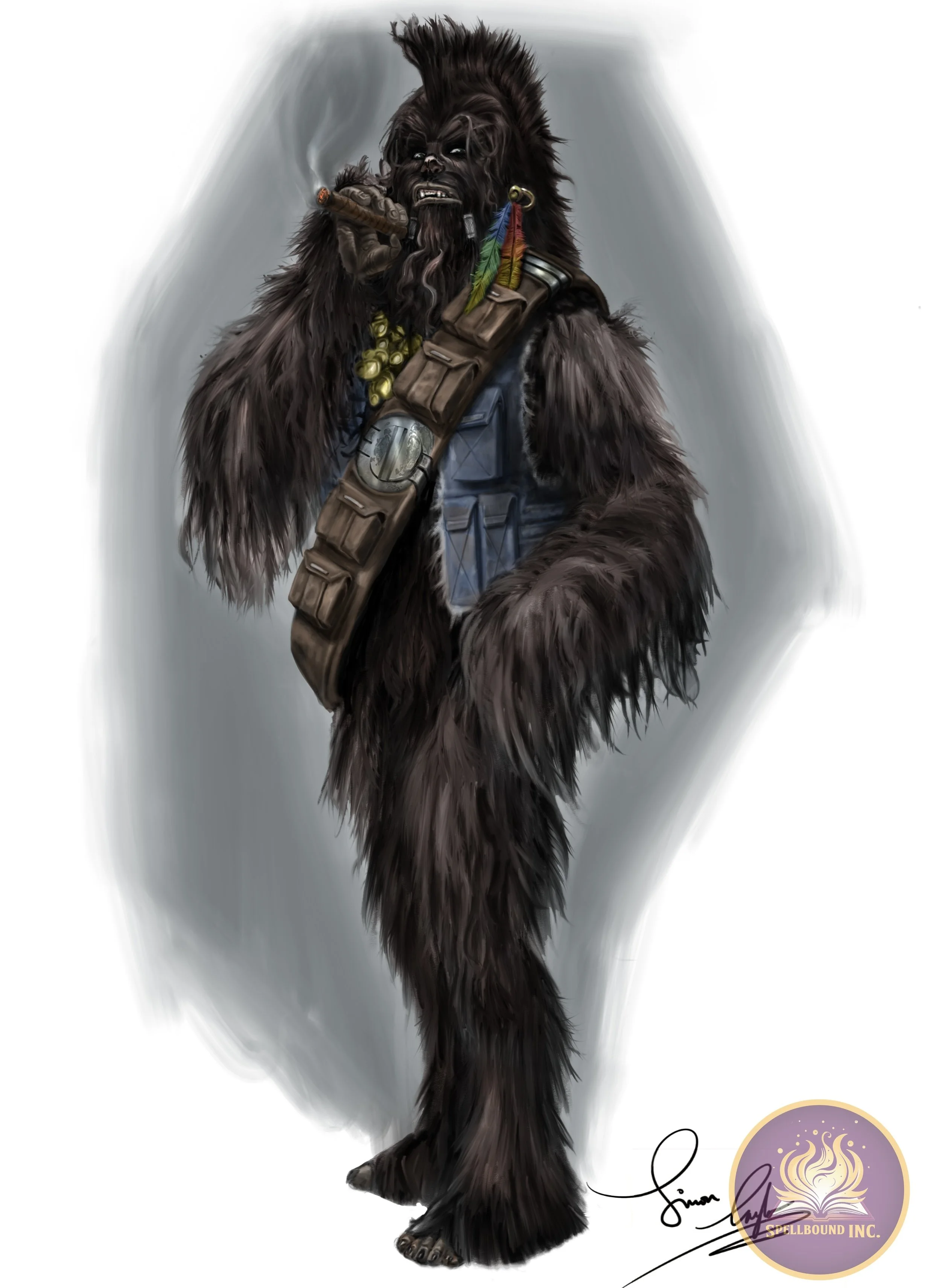 Digital concept art of a tough wookiee character smoking a cigar.