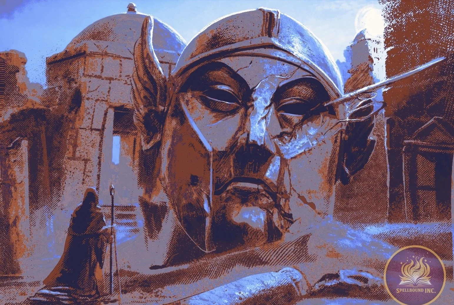 A giant stone statue of a warrior with a mustache and beard, wearing a helmet with a plume, the statue's face is cracked and weathered, with a sword stuck through its eye socket, in an ancient ruin setting with a cloaked figure holding a staff in the