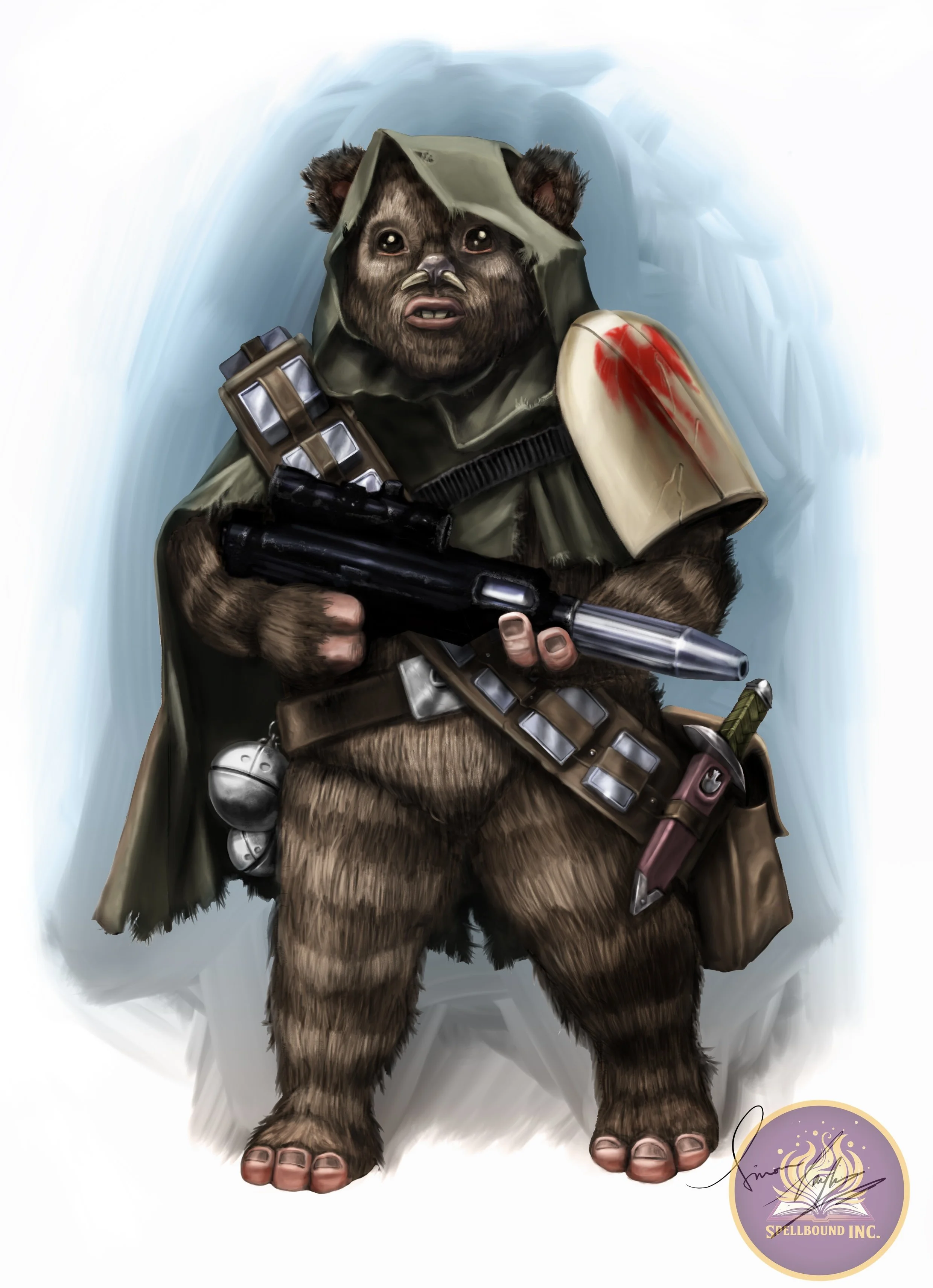 An anthropomorphic bear with a human face dressed as a warrior, holding a futuristic weapon, wearing a green cloak, with a bloodstained shoulder pad, and various gear and pouches, standing against a textured background.